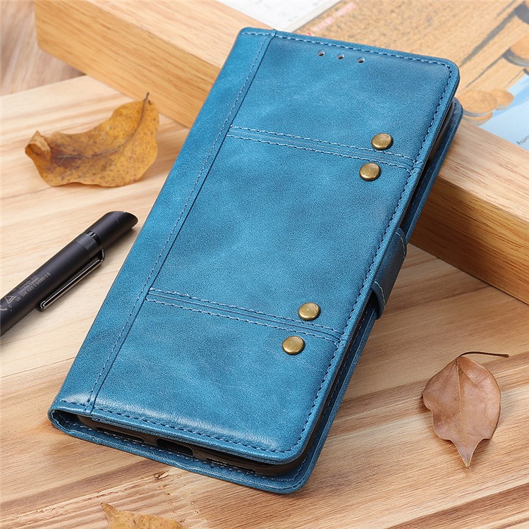 Rivet Decorated Leather Stand Wallet Magnetic Case for Motorola Moto G7 Power - Blue-13