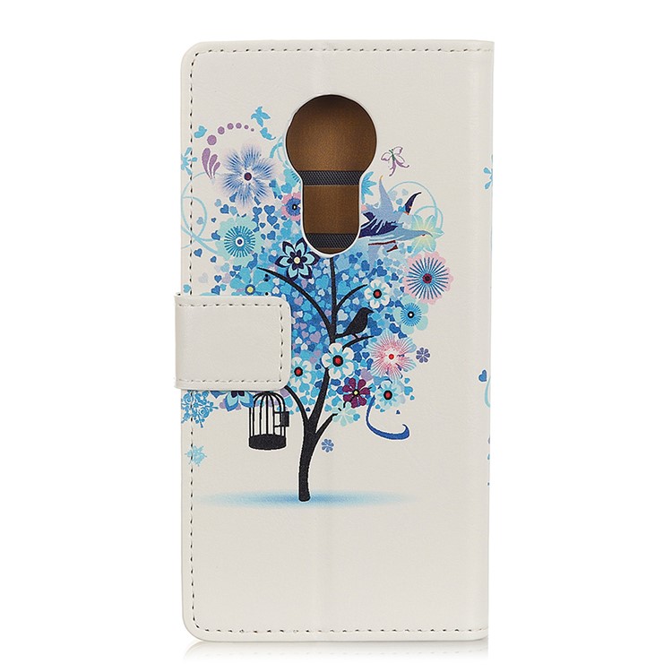 Pattern Printing Leather Wallet Mobile Cover for Motorola Moto G7 Power - Blue Flowers Tree Birdcage-3