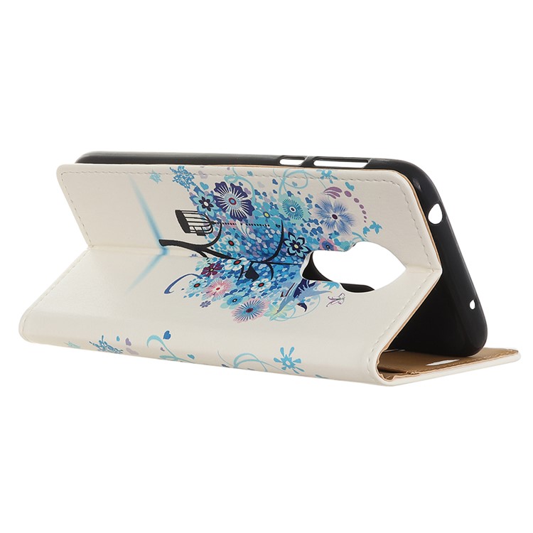 Pattern Printing Leather Wallet Mobile Cover for Motorola Moto G7 Power - Blue Flowers Tree Birdcage-4