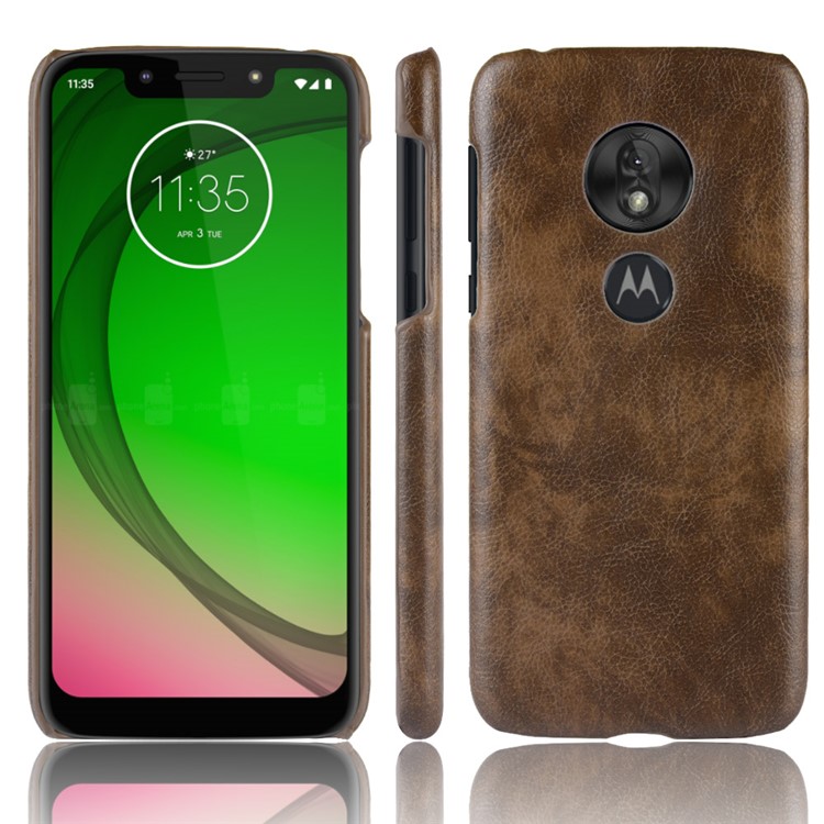 Litchi Texture PU Leather Coated PC Hard Case for Motorola Moto G7 Play US Version - Brown-1