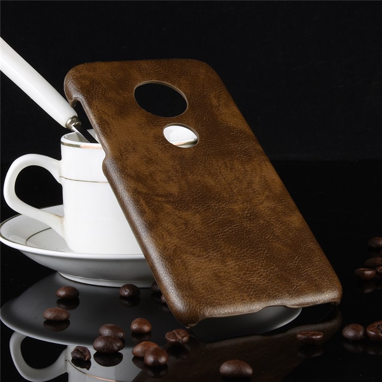Litchi Texture PU Leather Coated PC Hard Case for Motorola Moto G7 Play US Version - Brown-2