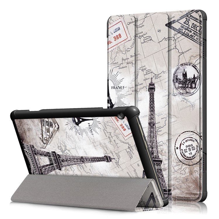 Pattern Printing Tri-fold Stand PU Leather Cover for Lenovo Tab M10 TB-X605F - Eiffel Tower and Map-1