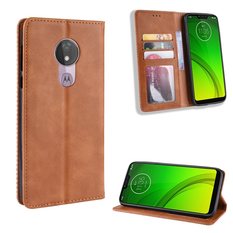 Auto-absorbed Vintage Leather Wallet Stand Cover for Motorola Moto G7 Power (US Version) - Brown-1
