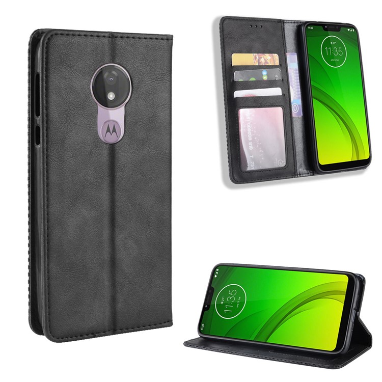 Auto-absorbed Vintage Leather Wallet Stand Cover for Motorola Moto G7 Power (US Version) - Black-1