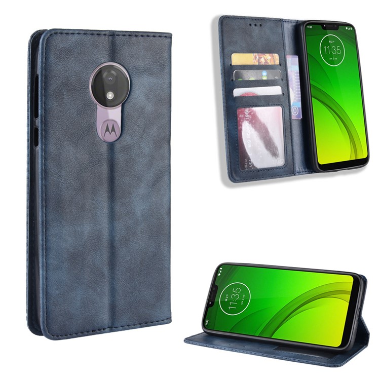 Auto-absorbed Vintage Leather Wallet Stand Cover for Motorola Moto G7 Power (US Version) - Blue-1