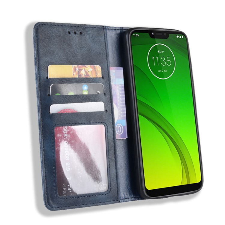 Auto-absorbed Vintage Leather Wallet Stand Cover for Motorola Moto G7 Power (US Version) - Blue-6