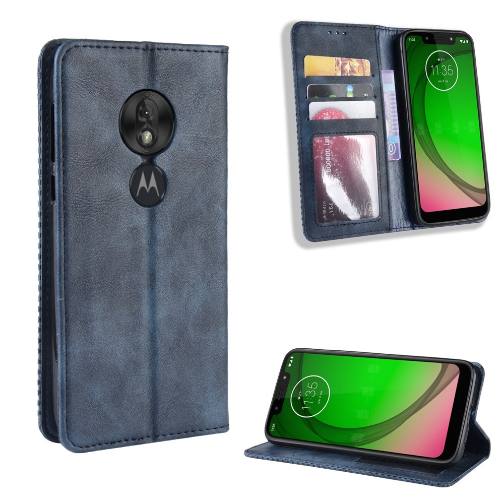 Vintage Style Leather Auto-absorbed Wallet Phone Case for Motorola Moto G7 Play (EU Version) - Blue-1
