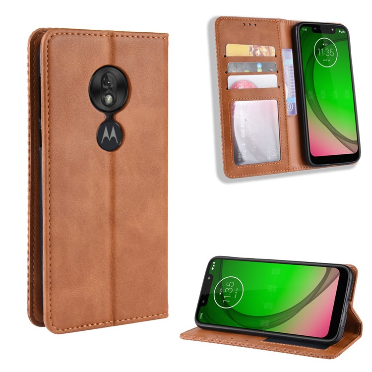 Vintage Style PU Leather Wallet Phone Case for Motorola Moto G7 Play (US Version) - Brown-1