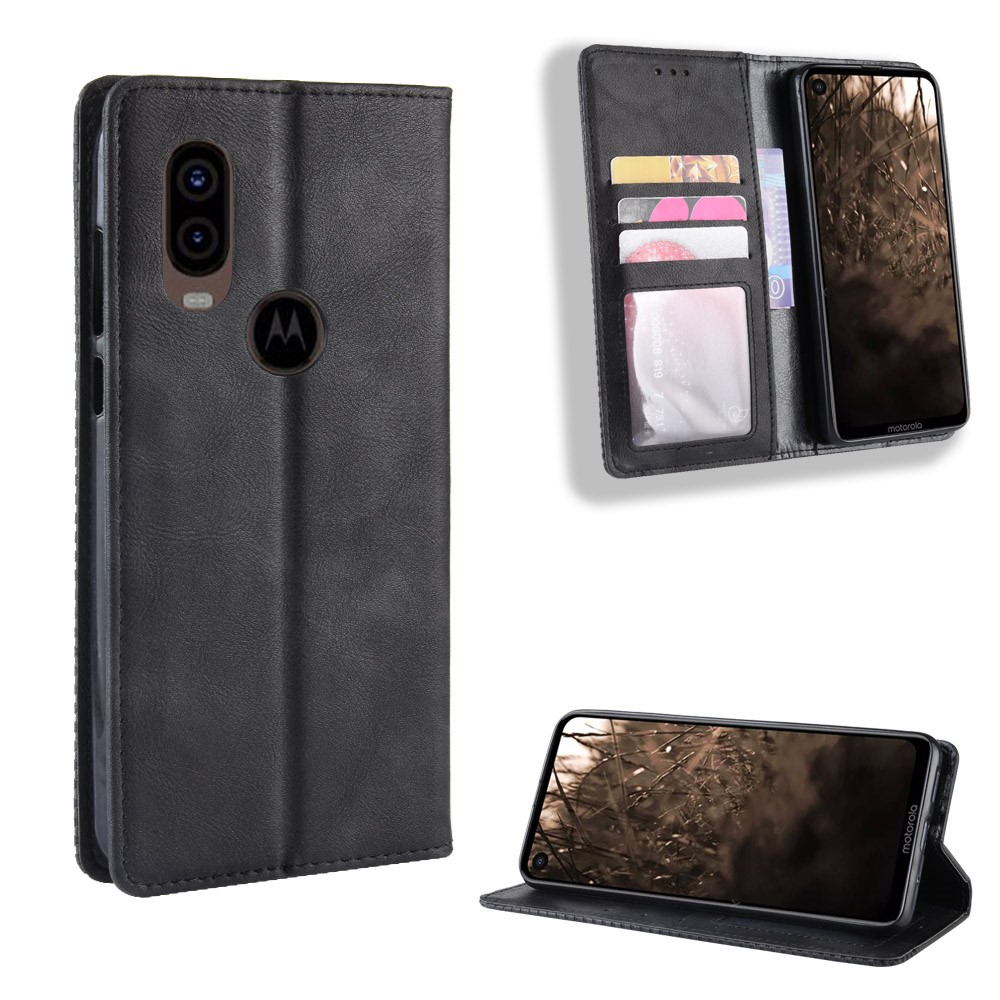 Auto-absorbed Vintage Leather Wallet Stand Shell for Motorola One Vision / P50 - Black-1