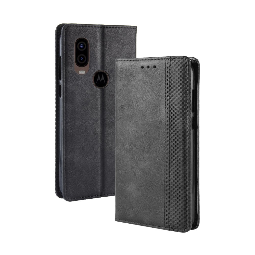 Auto-absorbed Vintage Leather Wallet Stand Shell for Motorola One Vision / P50 - Black-2