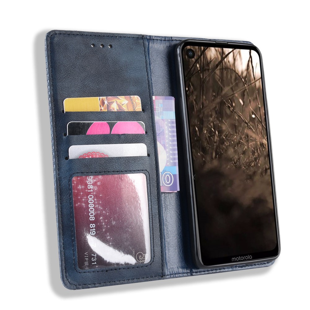 Auto-absorbed Vintage Leather Wallet Stand Shell for Motorola One Vision / P50 - Blue-6