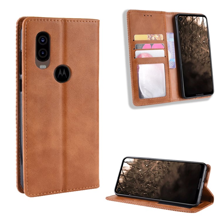 Auto-absorbed Vintage Leather Wallet Stand Shell for Motorola One Vision / P50 - Brown-1