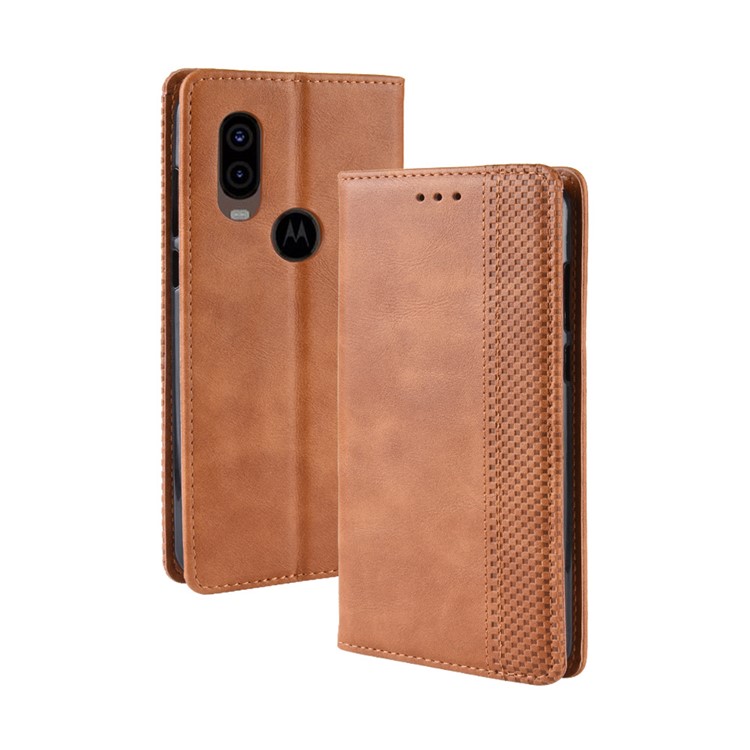 Auto-absorbed Vintage Leather Wallet Stand Shell for Motorola One Vision / P50 - Brown-2