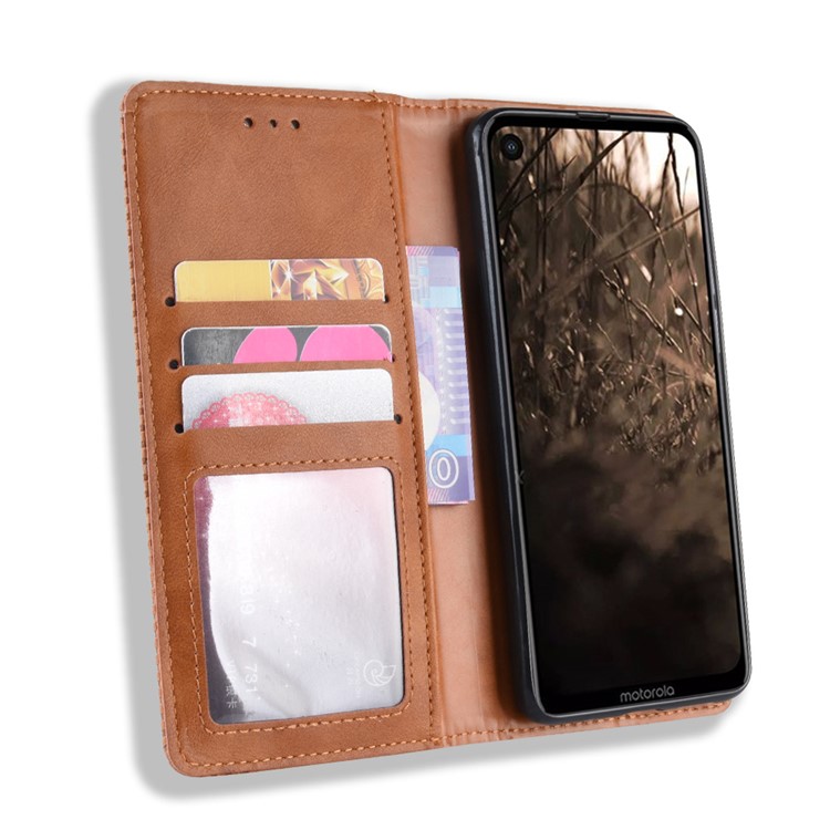 Auto-absorbed Vintage Leather Wallet Stand Shell for Motorola One Vision / P50 - Brown-6