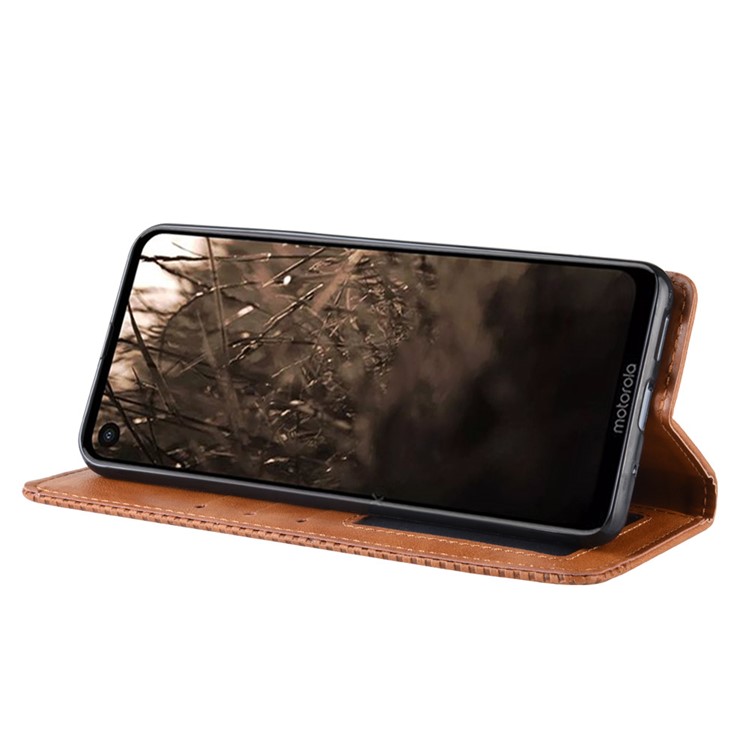 Auto-absorbed Vintage Leather Wallet Stand Shell for Motorola One Vision / P50 - Brown-7