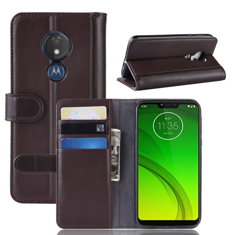 Genuine Split Leather Wallet Stand Case for Motorola Moto G7 Power (EU Version) - Brown-1