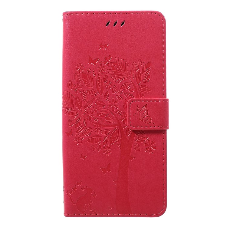 Imprint Cat and Tree PU Leather Cell Phone Cover with Lanyard for Motorola Moto G7/G7 Plus - Rose-1
