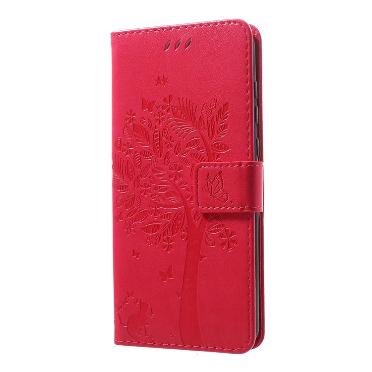 Imprint Cat and Tree PU Leather Cell Phone Cover with Lanyard for Motorola Moto G7/G7 Plus - Rose-2
