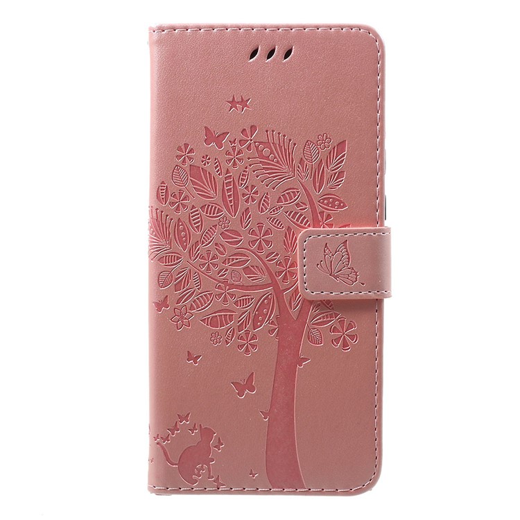 Imprint Cat and Tree PU Leather Cell Phone Cover with Lanyard for Motorola Moto G7/G7 Plus - Pink-1