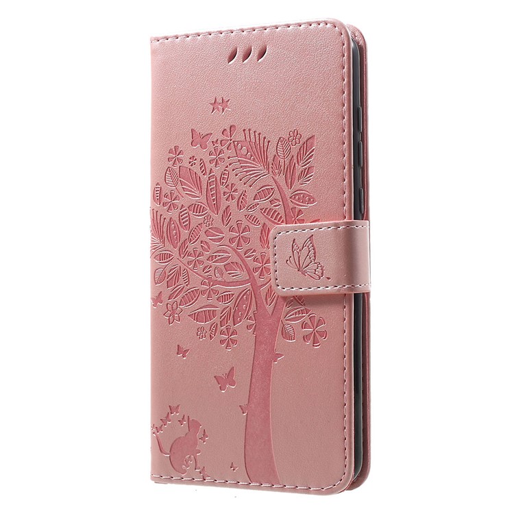 Imprint Cat and Tree PU Leather Cell Phone Cover with Lanyard for Motorola Moto G7/G7 Plus - Pink-2