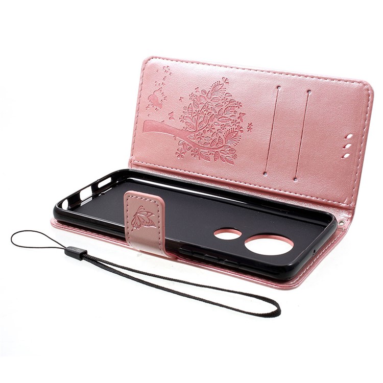 Imprint Cat and Tree PU Leather Cell Phone Cover with Lanyard for Motorola Moto G7/G7 Plus - Pink-5