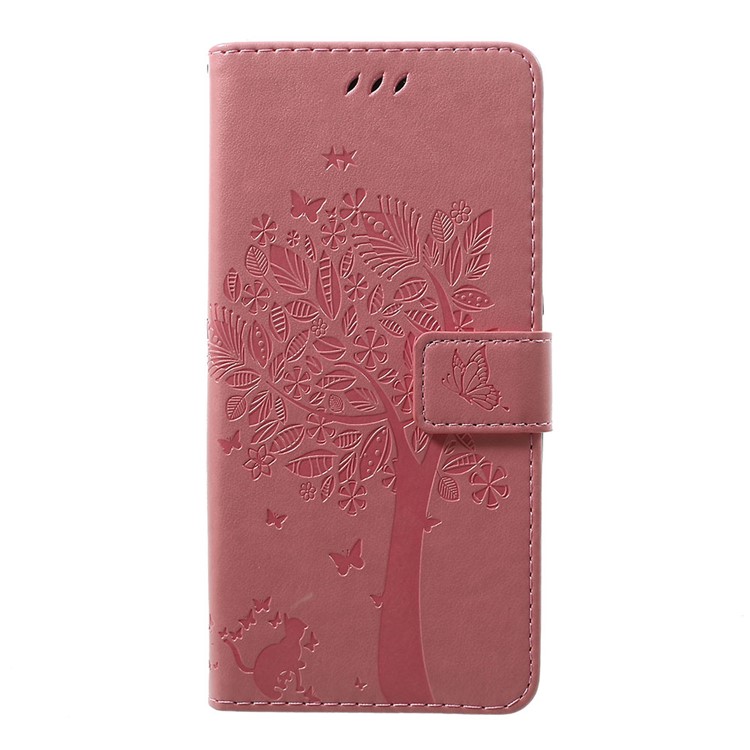 Imprint Cat and Tree PU Leather Cell Phone Cover with Lanyard for Motorola Moto G7/G7 Plus - Rose Gold-1
