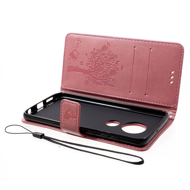 Imprint Cat and Tree PU Leather Cell Phone Cover with Lanyard for Motorola Moto G7/G7 Plus - Rose Gold-5