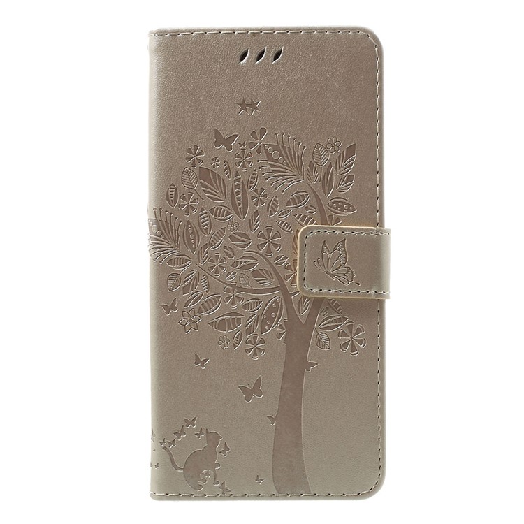 Imprint Cat and Tree PU Leather Cell Phone Cover with Lanyard for Motorola Moto G7/G7 Plus - Gold-1