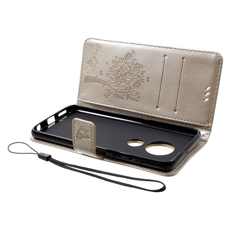 Imprint Cat and Tree PU Leather Cell Phone Cover with Lanyard for Motorola Moto G7/G7 Plus - Gold-5