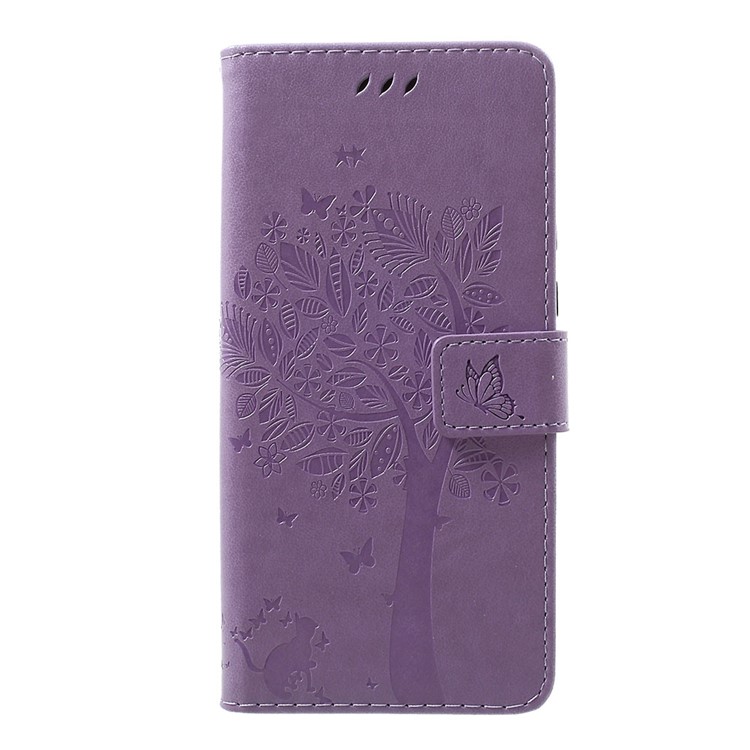 Imprint Cat and Tree PU Leather Cell Phone Cover with Lanyard for Motorola Moto G7/G7 Plus - Light Purple-1
