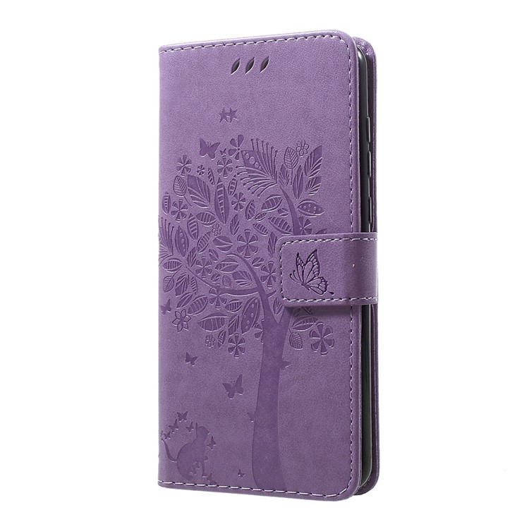 Imprint Cat and Tree PU Leather Cell Phone Cover with Lanyard for Motorola Moto G7/G7 Plus - Light Purple-2