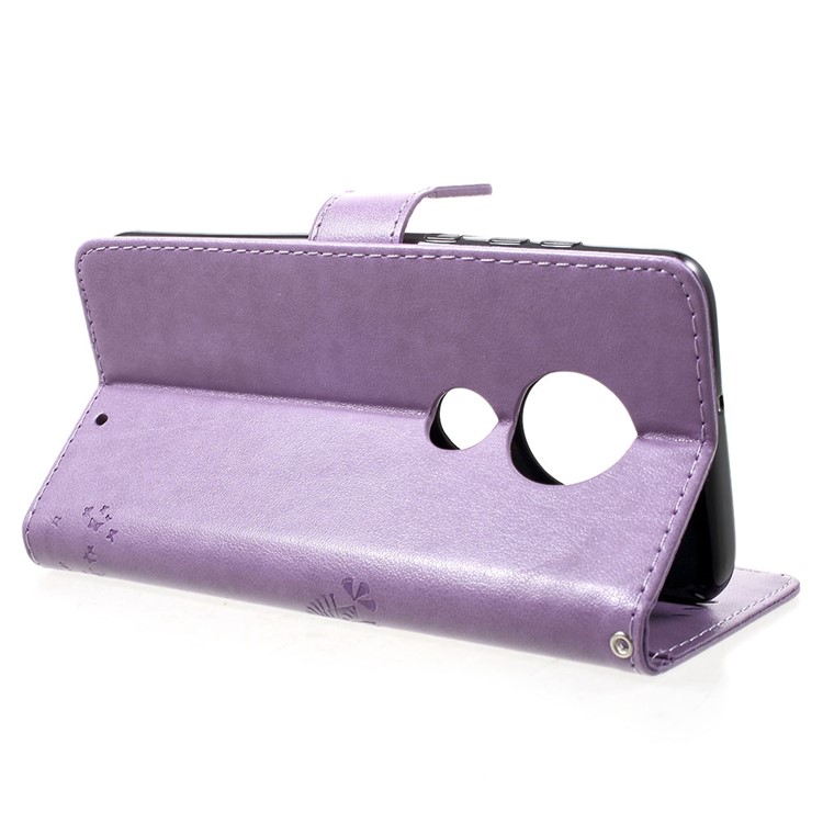 Imprint Cat and Tree PU Leather Cell Phone Cover with Lanyard for Motorola Moto G7/G7 Plus - Light Purple-4