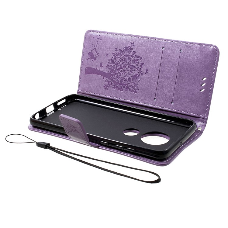Imprint Cat and Tree PU Leather Cell Phone Cover with Lanyard for Motorola Moto G7/G7 Plus - Light Purple-5