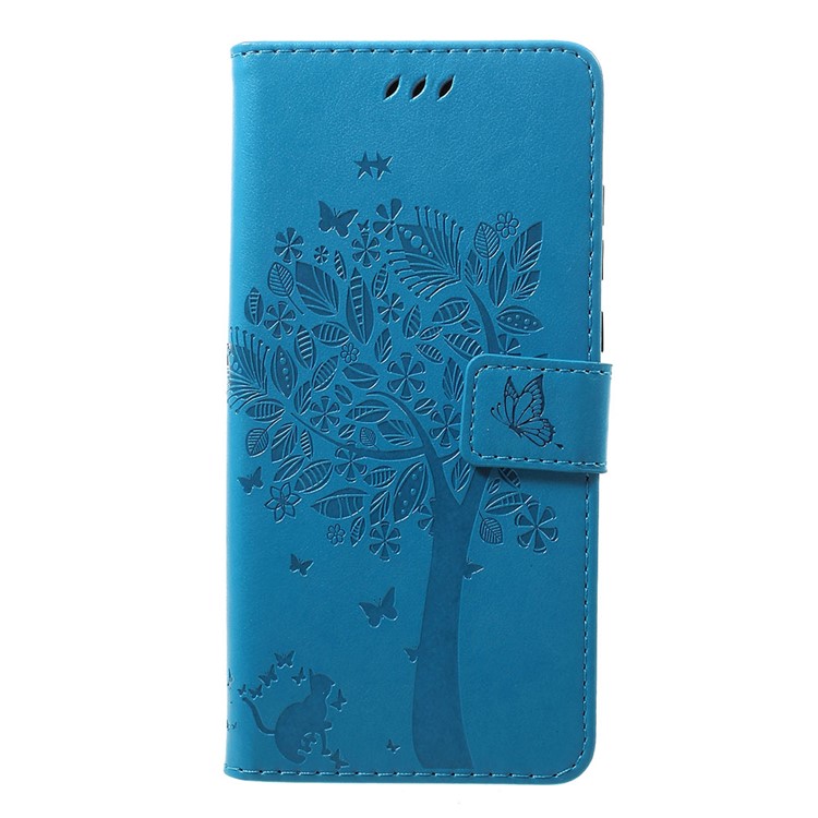 Imprint Cat and Tree PU Leather Cell Phone Cover with Lanyard for Motorola Moto G7/G7 Plus - Blue-1