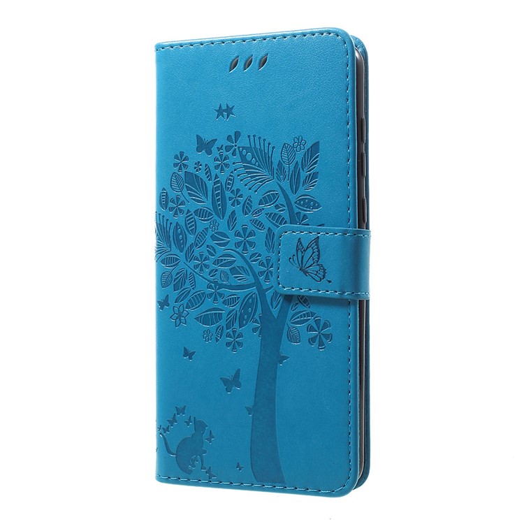 Imprint Cat and Tree PU Leather Cell Phone Cover with Lanyard for Motorola Moto G7/G7 Plus - Blue-2