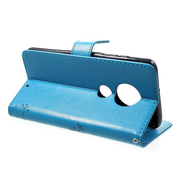 Imprint Cat and Tree PU Leather Cell Phone Cover with Lanyard for Motorola Moto G7/G7 Plus - Blue-4