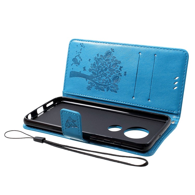 Imprint Cat and Tree PU Leather Cell Phone Cover with Lanyard for Motorola Moto G7/G7 Plus - Blue-5