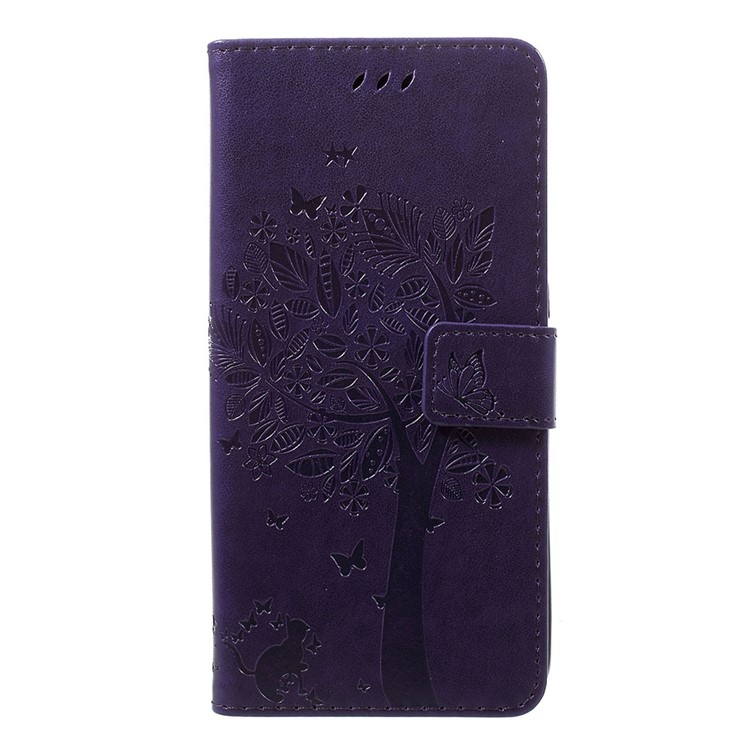 Imprint Cat and Tree PU Leather Cell Phone Cover with Lanyard for Motorola Moto G7/G7 Plus - Dark Purple-1