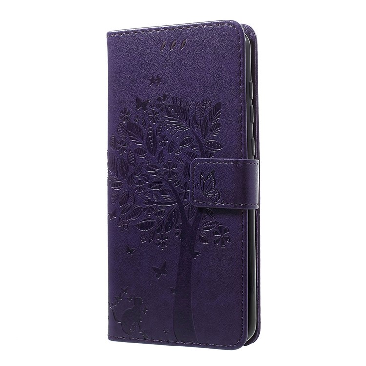 Imprint Cat and Tree PU Leather Cell Phone Cover with Lanyard for Motorola Moto G7/G7 Plus - Dark Purple-2