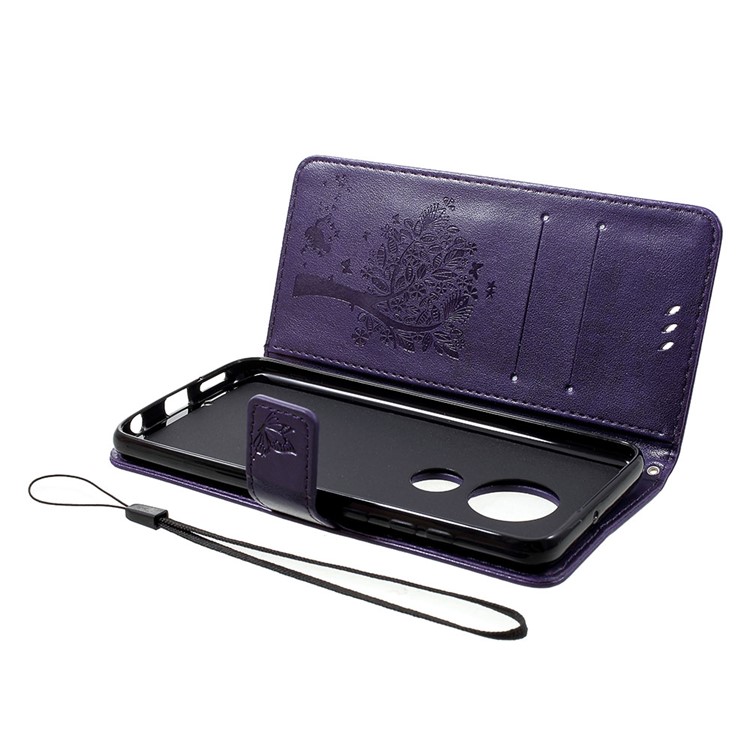 Imprint Cat and Tree PU Leather Cell Phone Cover with Lanyard for Motorola Moto G7/G7 Plus - Dark Purple-5