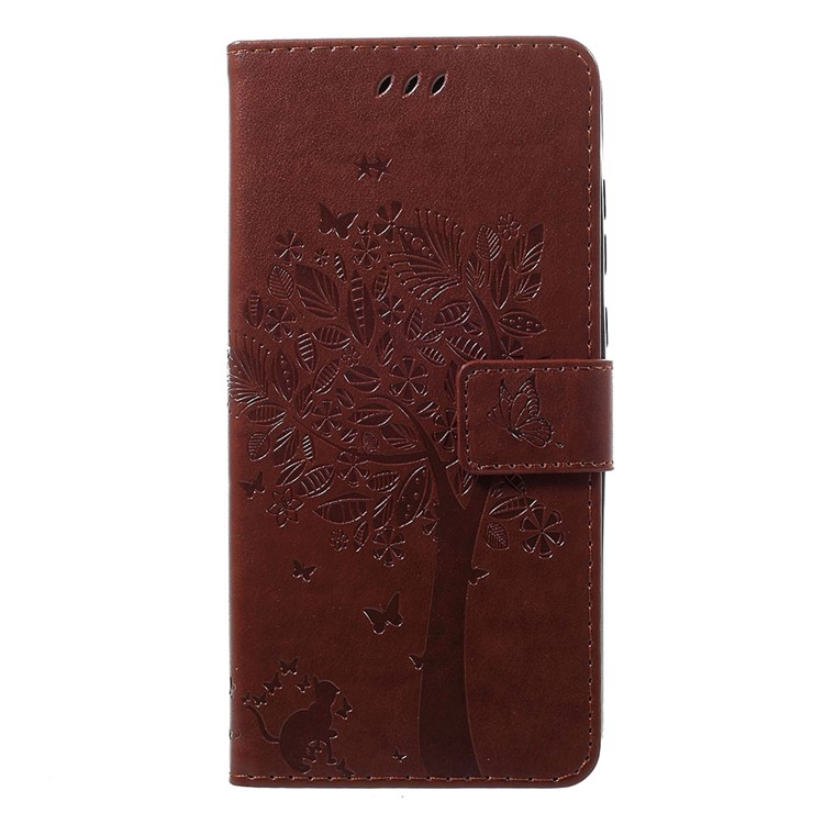 Imprint Cat and Tree PU Leather Cell Phone Cover with Lanyard for Motorola Moto G7/G7 Plus - Brown-1