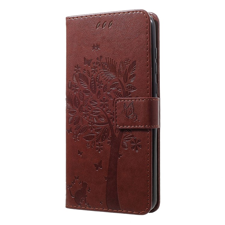 Imprint Cat and Tree PU Leather Cell Phone Cover with Lanyard for Motorola Moto G7/G7 Plus - Brown-2