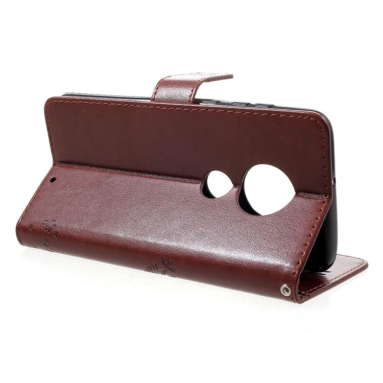 Imprint Cat and Tree PU Leather Cell Phone Cover with Lanyard for Motorola Moto G7/G7 Plus - Brown-4
