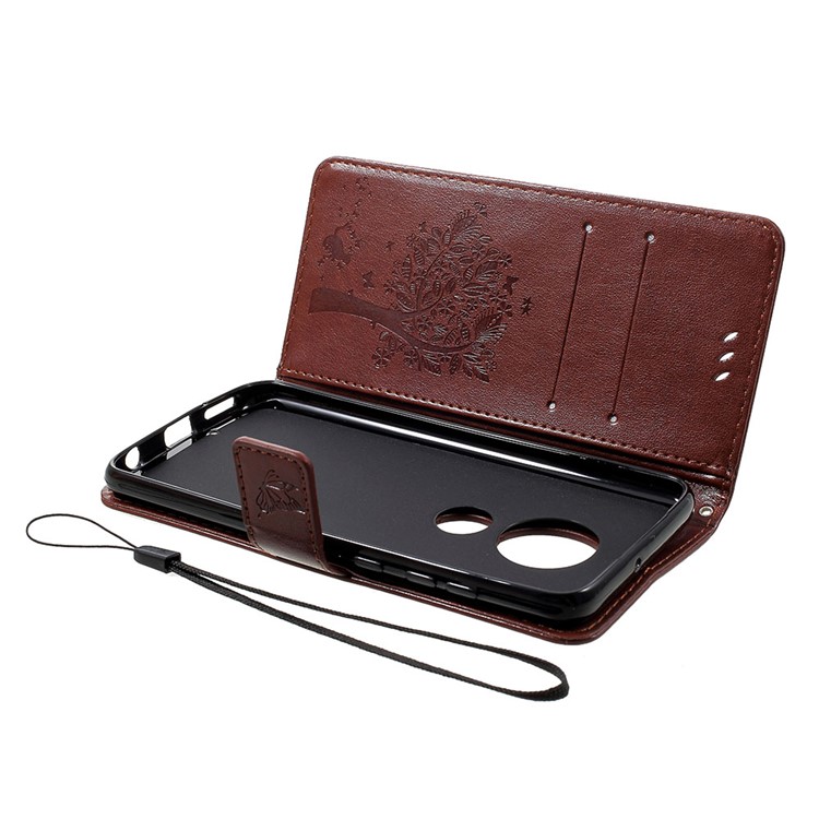 Imprint Cat and Tree PU Leather Cell Phone Cover with Lanyard for Motorola Moto G7/G7 Plus - Brown-5