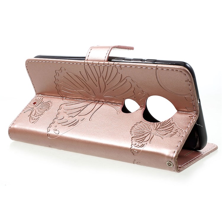 Imprinted Butterfly PU Leather Folio Flip Cover with Wallet Stand for Motorola Moto G7/G7 Plus - Rose Gold-4