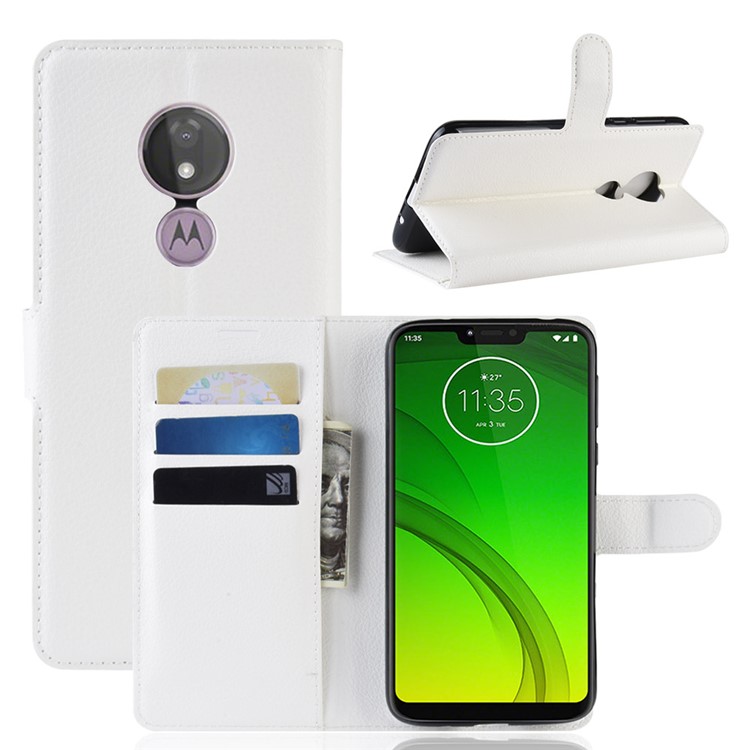 Litchi Skin PU Leather Phone Shell with Stand Wallet for Motorola Moto G7 Power (US Version) - White-1