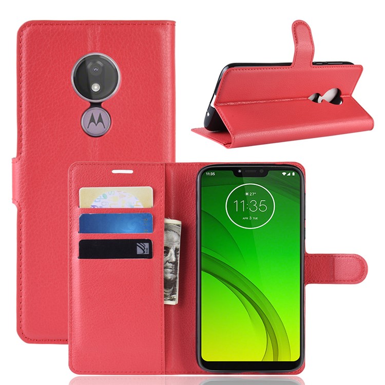 Litchi Skin PU Leather Phone Shell with Stand Wallet for Motorola Moto G7 Power (US Version) - Red-1
