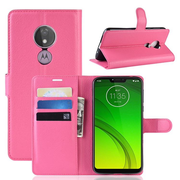 Litchi Skin PU Leather Phone Shell with Stand Wallet for Motorola Moto G7 Power (US Version) - Rose-1