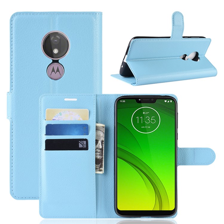 Litchi Skin PU Leather Phone Shell with Stand Wallet for Motorola Moto G7 Power (US Version) - Blue-1