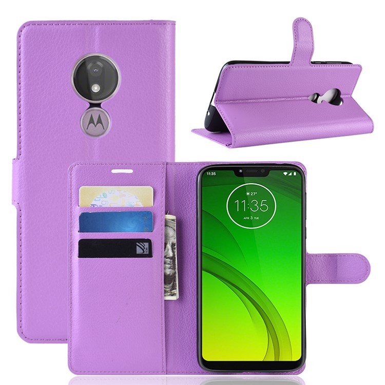 Litchi Skin PU Leather Phone Shell with Stand Wallet for Motorola Moto G7 Power (US Version) - Purple-1